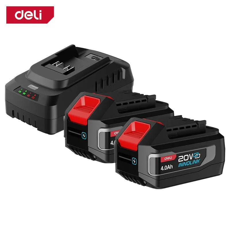Deli 20V Lithium-ion Battery and Charger Set Red Series (4.0Ah x2) - (2) شاحن + بطاري