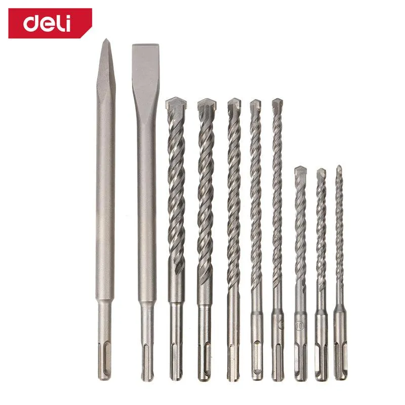 Deli 10Pcs Hammer Drill Bits And Chisels Set - مجموعة 10قطع من ريش حفر وازميل