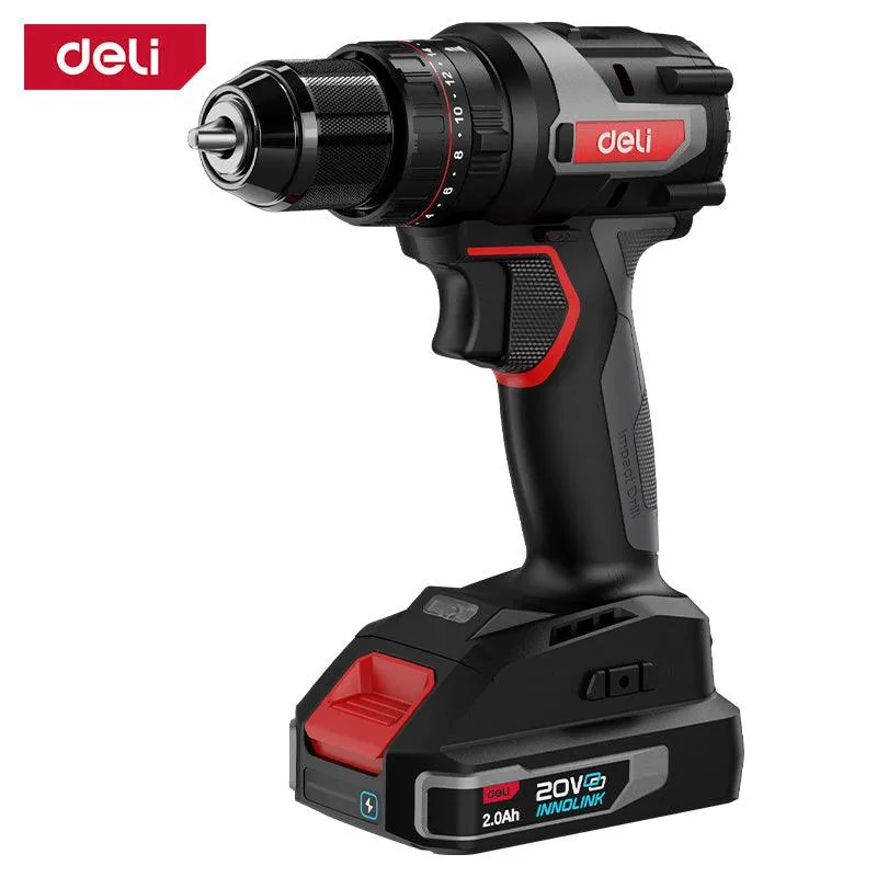 Deli 20V Brushless Motor Lithium-ion Impact Drill 2.0Ah (2) Red Series - مقدح بطاريتين ليثيوم شنطة صناعي