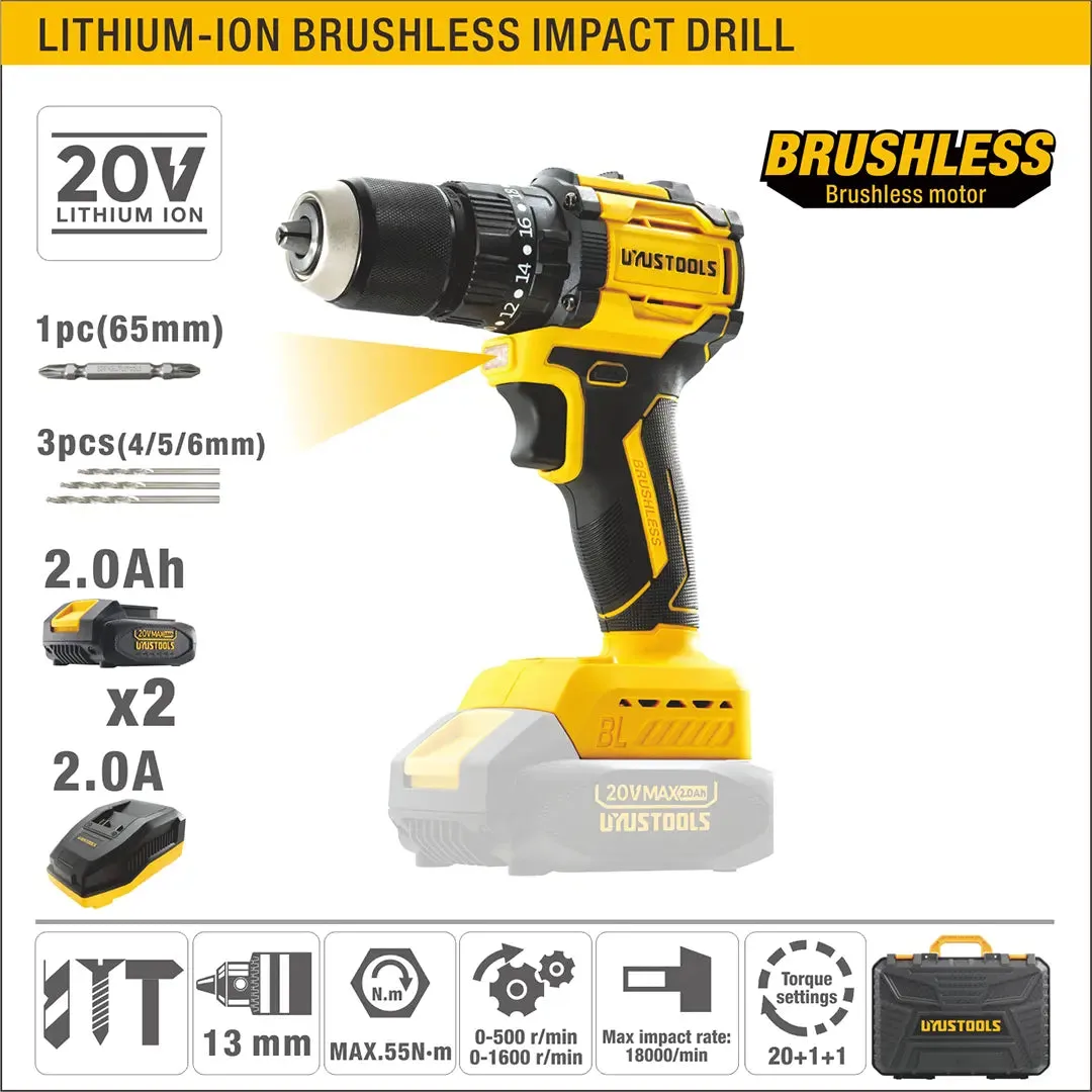 20V Brushless Motor Lithium-ion Impact Drill 2.0Ah (2) - مقدح بطاريتين ليثيوم شنطة صناعي