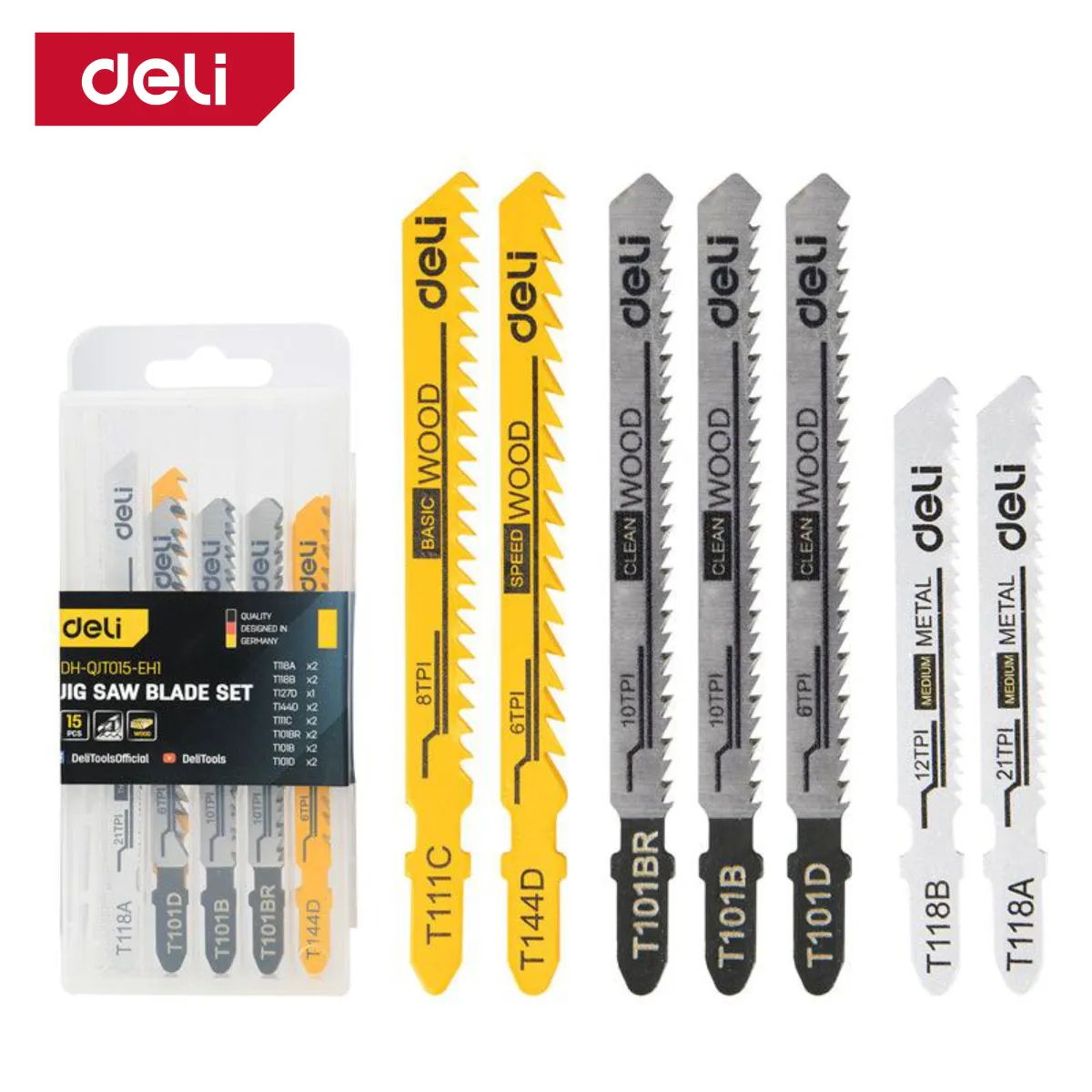 Deli 15Pcs Jig Saw Blade Set (Wood + Metal) -  مجموعة 15 قطعة من شفرات المنشار الكهربائي (خشب + معدن)