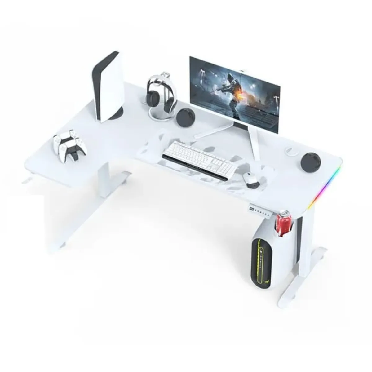 L-Shaped 160cm RGB Gaming Desk with Cup & Headset Holder - White
