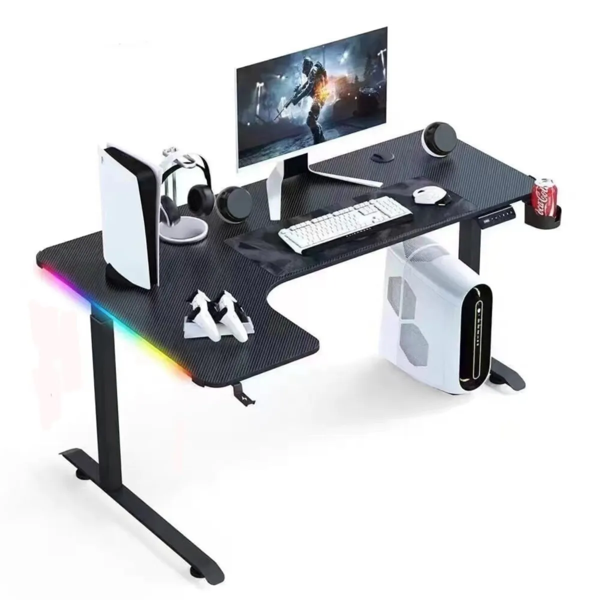L-Shaped RGB Gaming Desk with Cup & Headset Holder - Black 160 cm & 140 cm