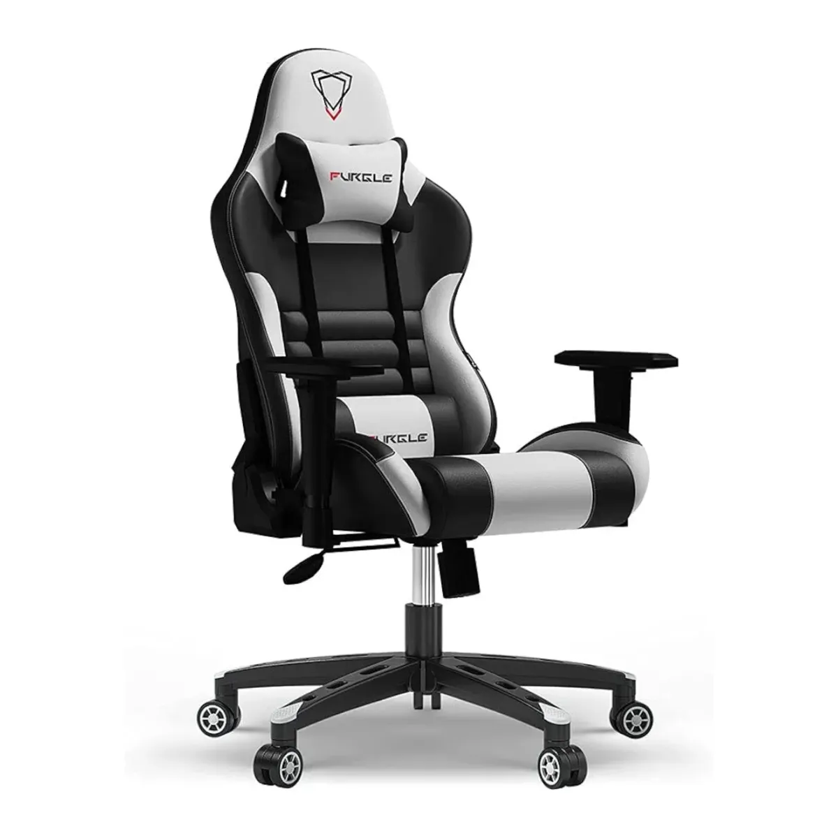 Furgle Gaming Chair, Racing Style High-Back Office Chair with Adjustable Armrests, PU Leather Ergonomic Video Game Chair with Headrest and Lumbar Support, Rocking Mode - Black/White