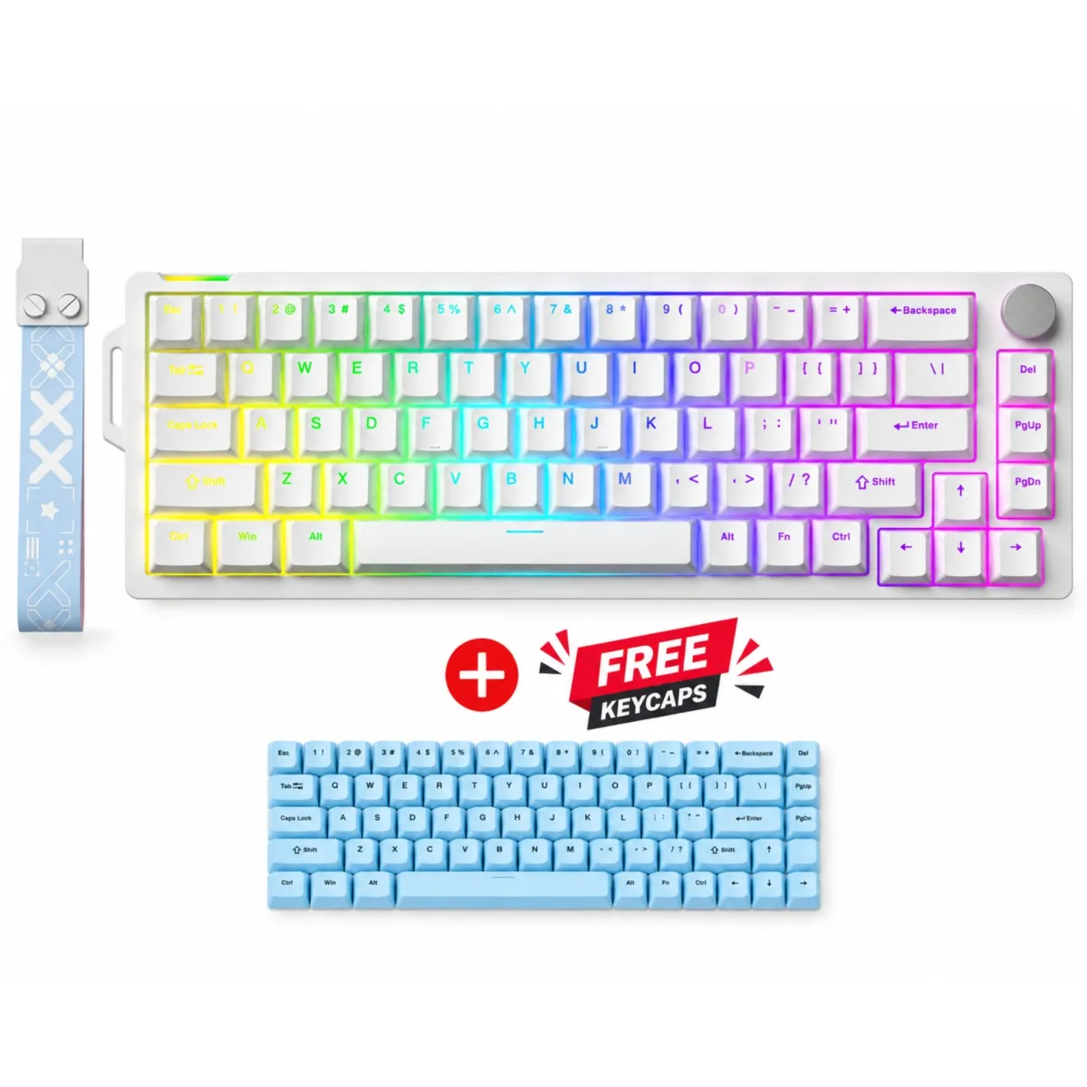 FURYCUBE V68 Mechanical Gaming Keyboard Flowing White Switch - White with Full Set of Blue Keycaps