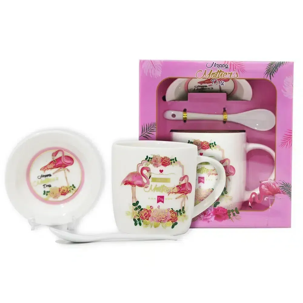Flamingo “Happy Mother’s Day” Mug & Spoon Set with Bunch of Roses – Seasonal Tea & Coffee Souvenir