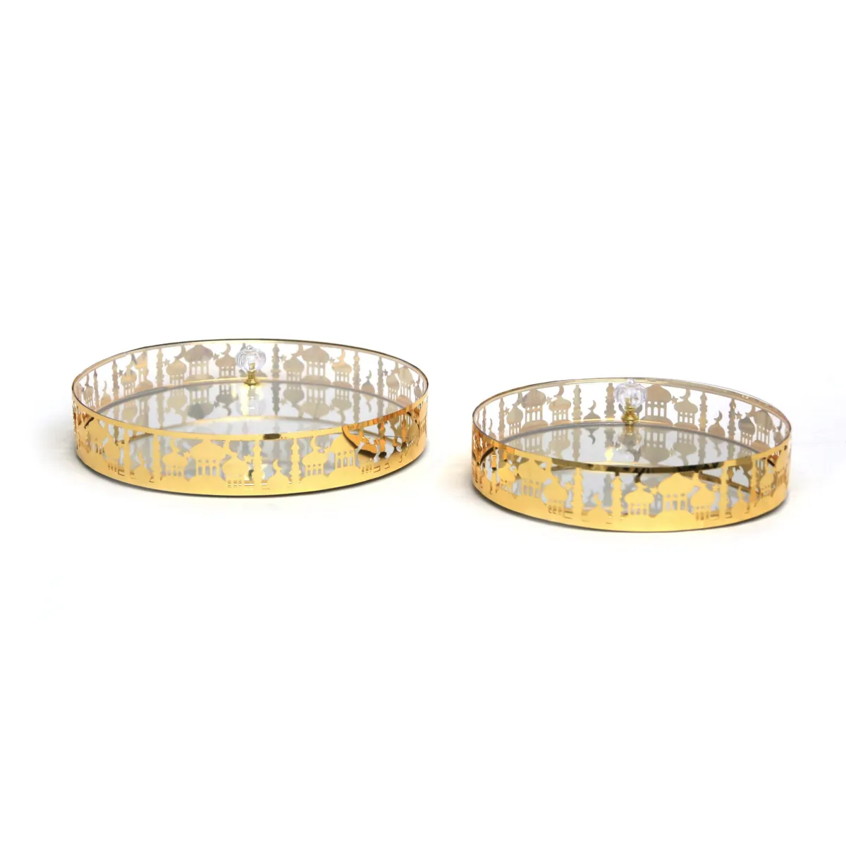 Gold Metal Mosque Design Tray with Plastic Cover – Elegant Serving Tray for Ramadan and Festive Celebrations