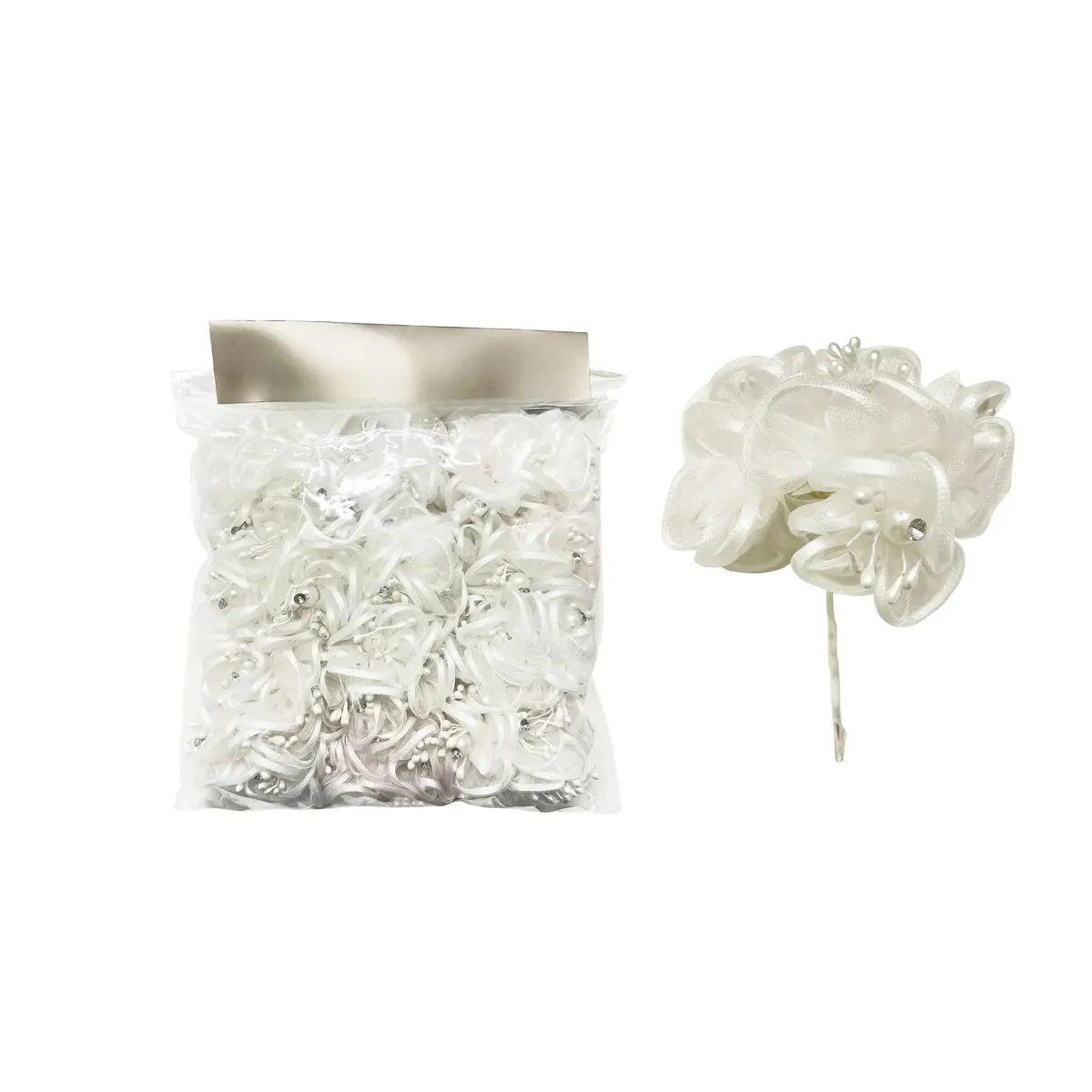 Strassed Organza White Flower Motif