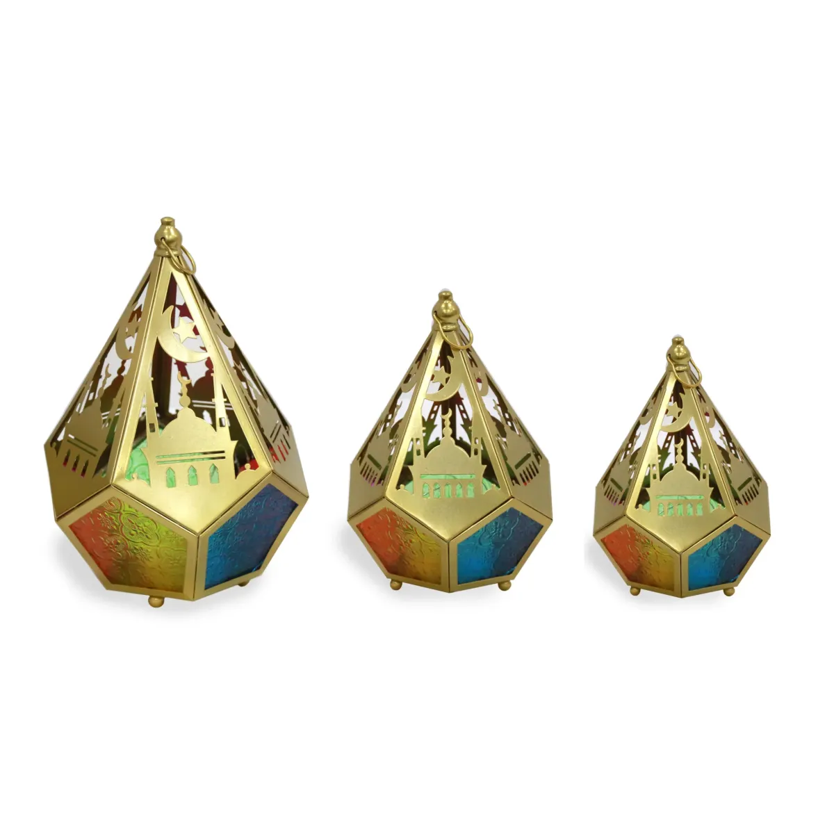 Gold Geometric Metal Lantern With Led Light & Colored Glass