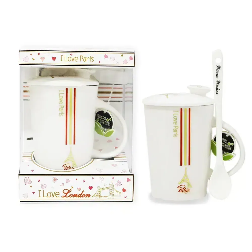 “I Love Paris” Mug With Cover & Long Spoon Set