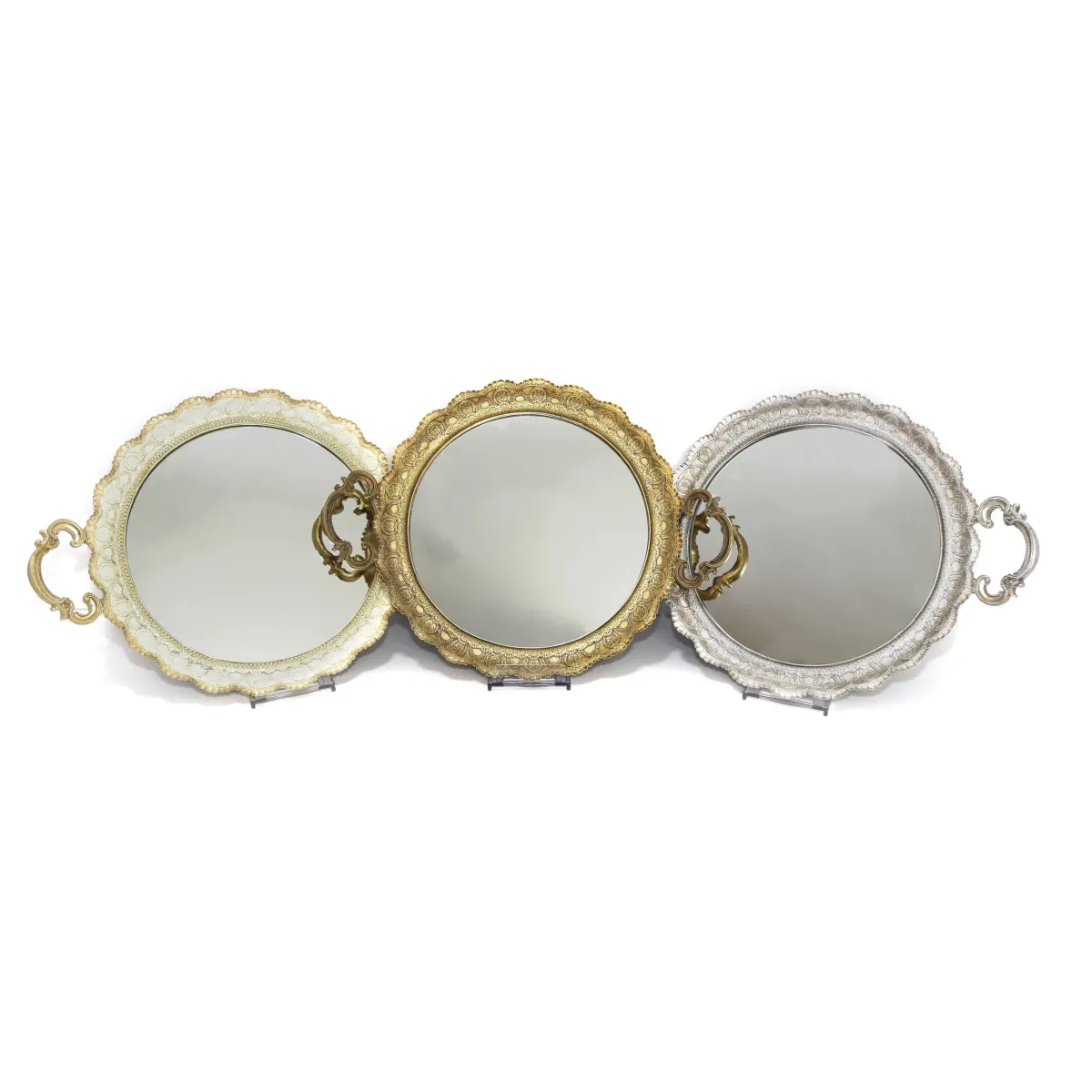 Silver Mirror Base Round Vintage Tray – Elegant Decorative Serving Tray