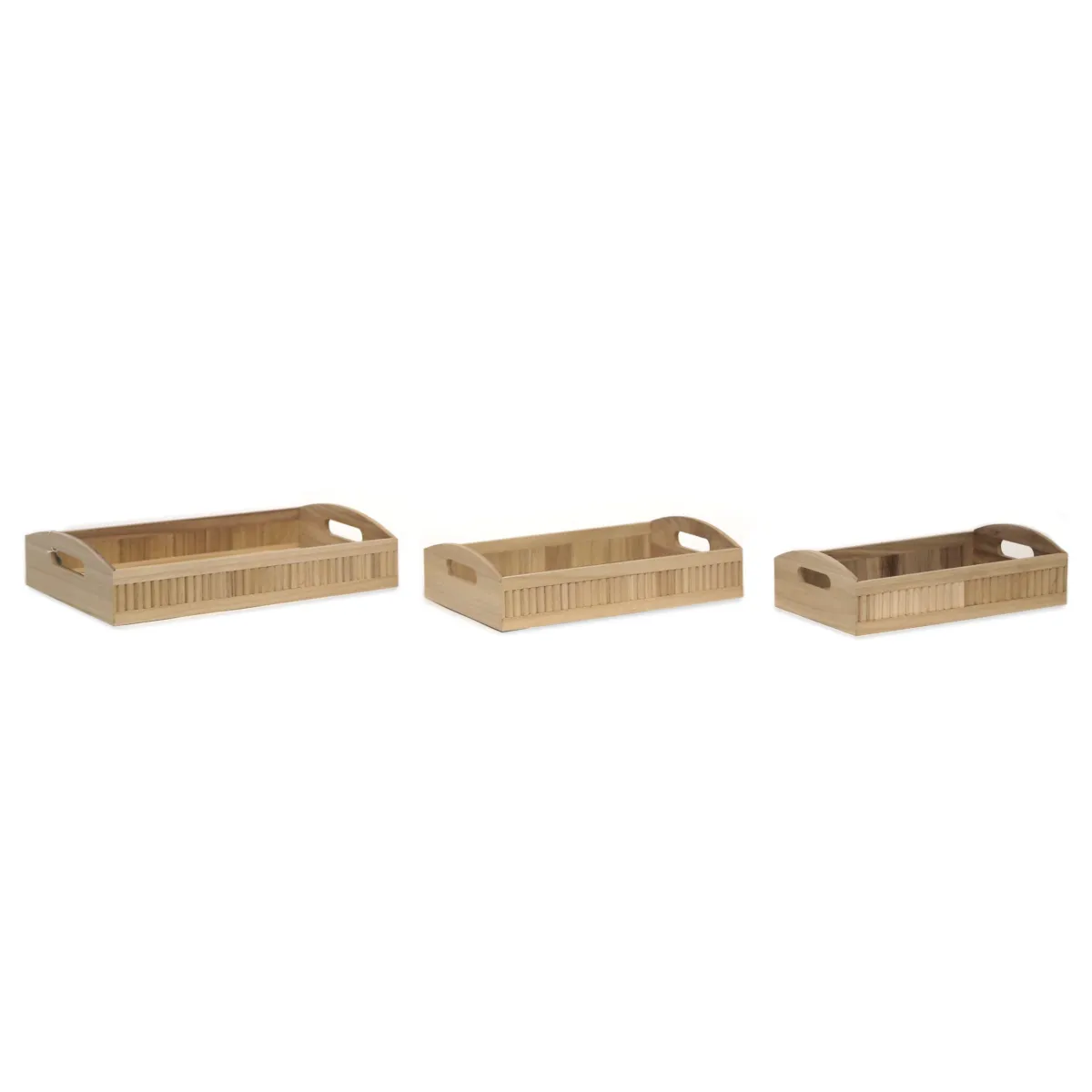 Rectangle Natural Wood Tray Embossed Ribbed Edges With Curved Handle