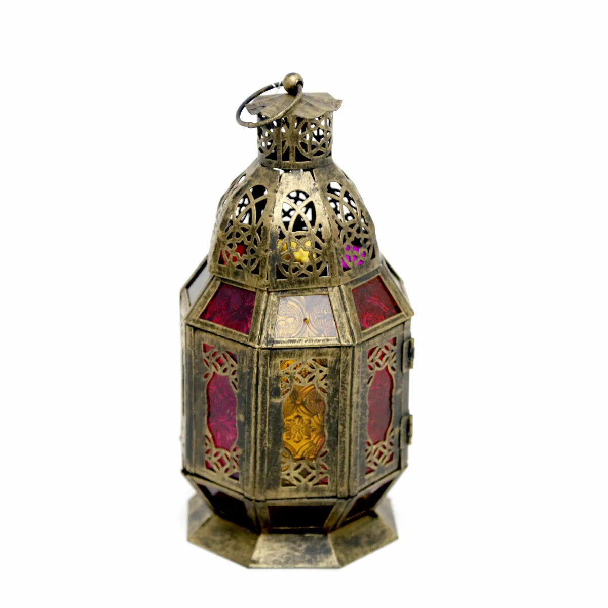 Majestic Ramadan Lantern: Antique Gold Metal & Colored Glass