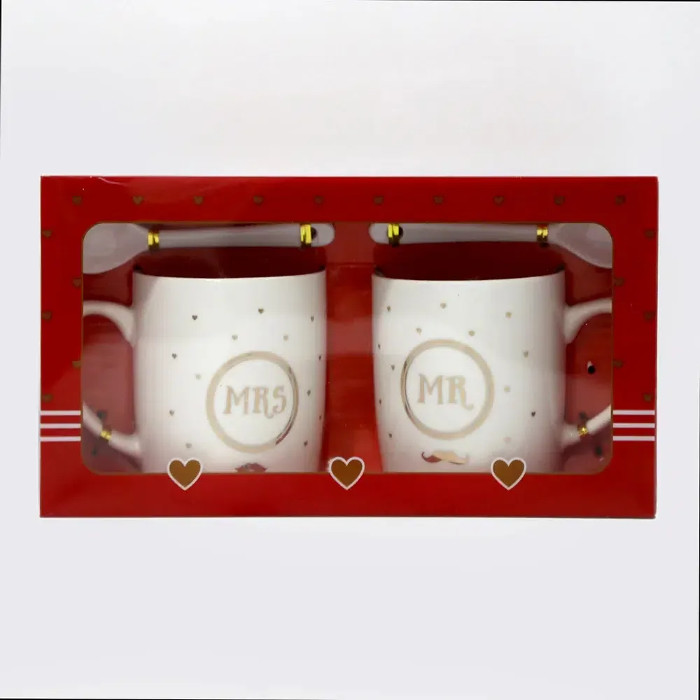 “MRS & MR” Mid Cups With 2 Spoons Set ” Mustache & Kiss”