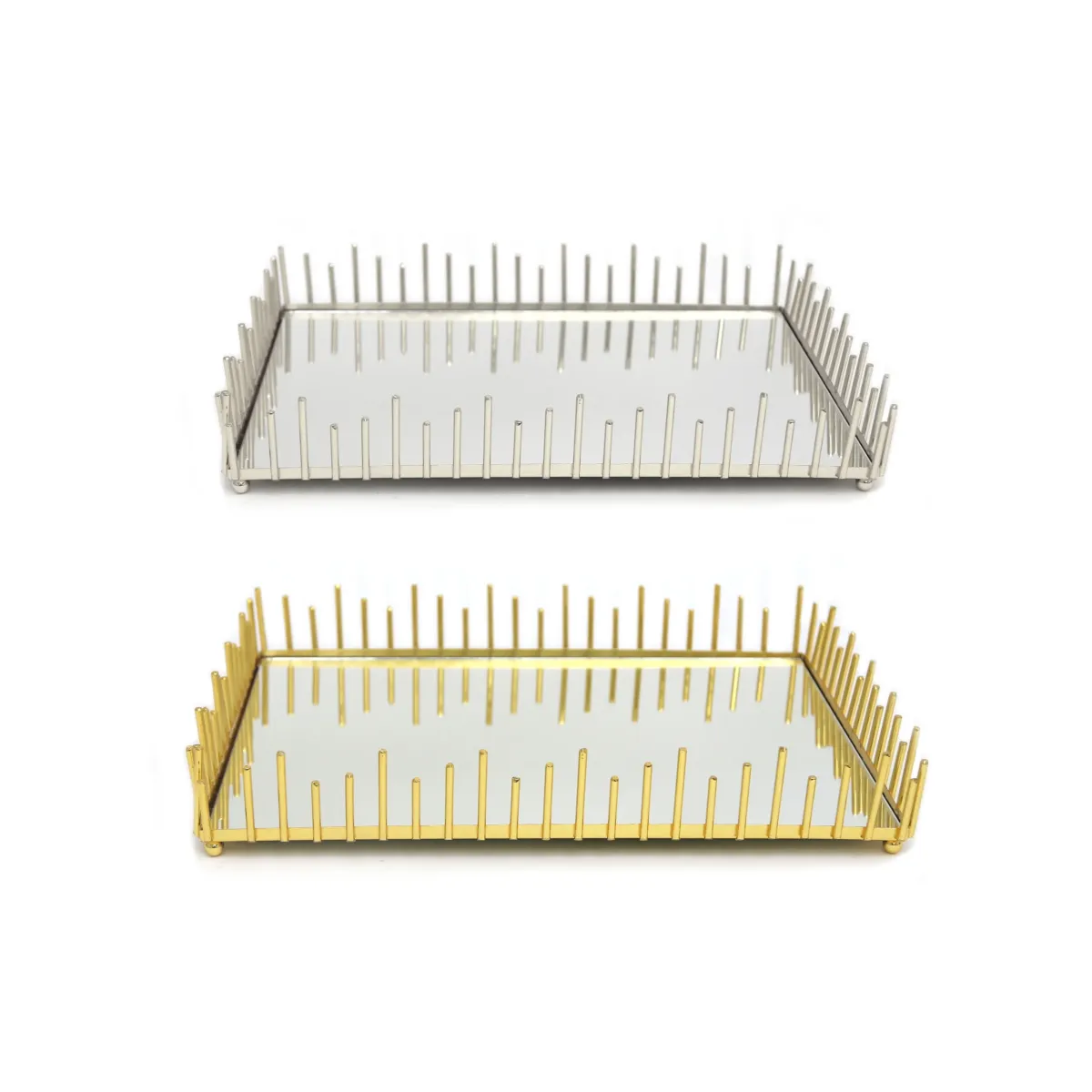 Rectangular Mirror Tray with Metal Bars Decor