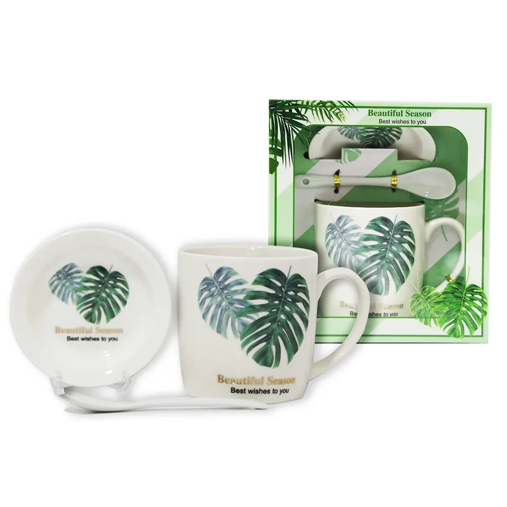 “Green Leaves” Mug With Saucer & Spoon Set