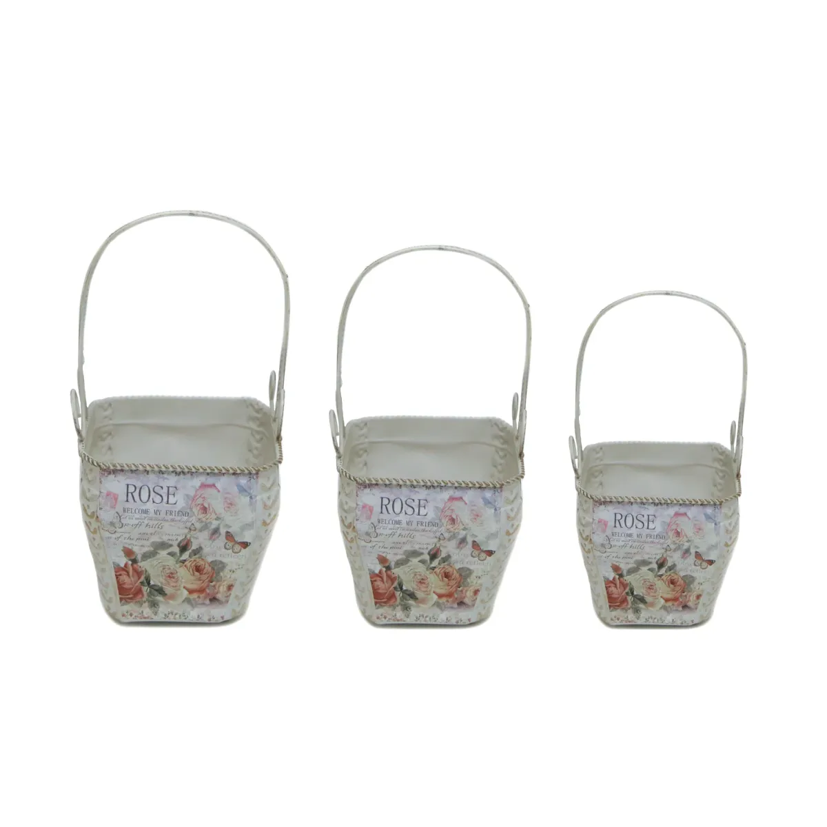 Square Rose Countryside Baskets With Upper Handle Set
