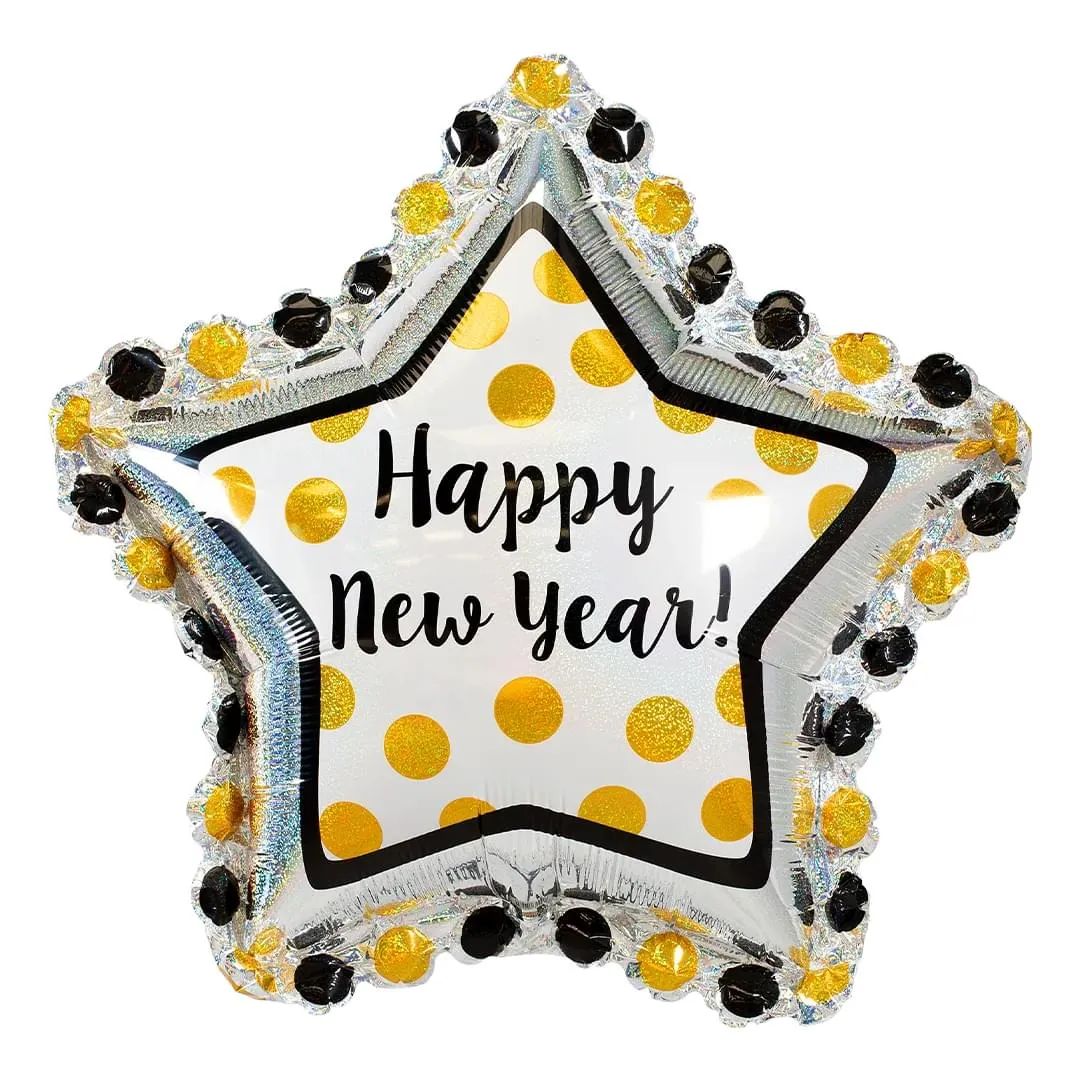 Happy New Year Star Foil Balloon Gold Silver Black