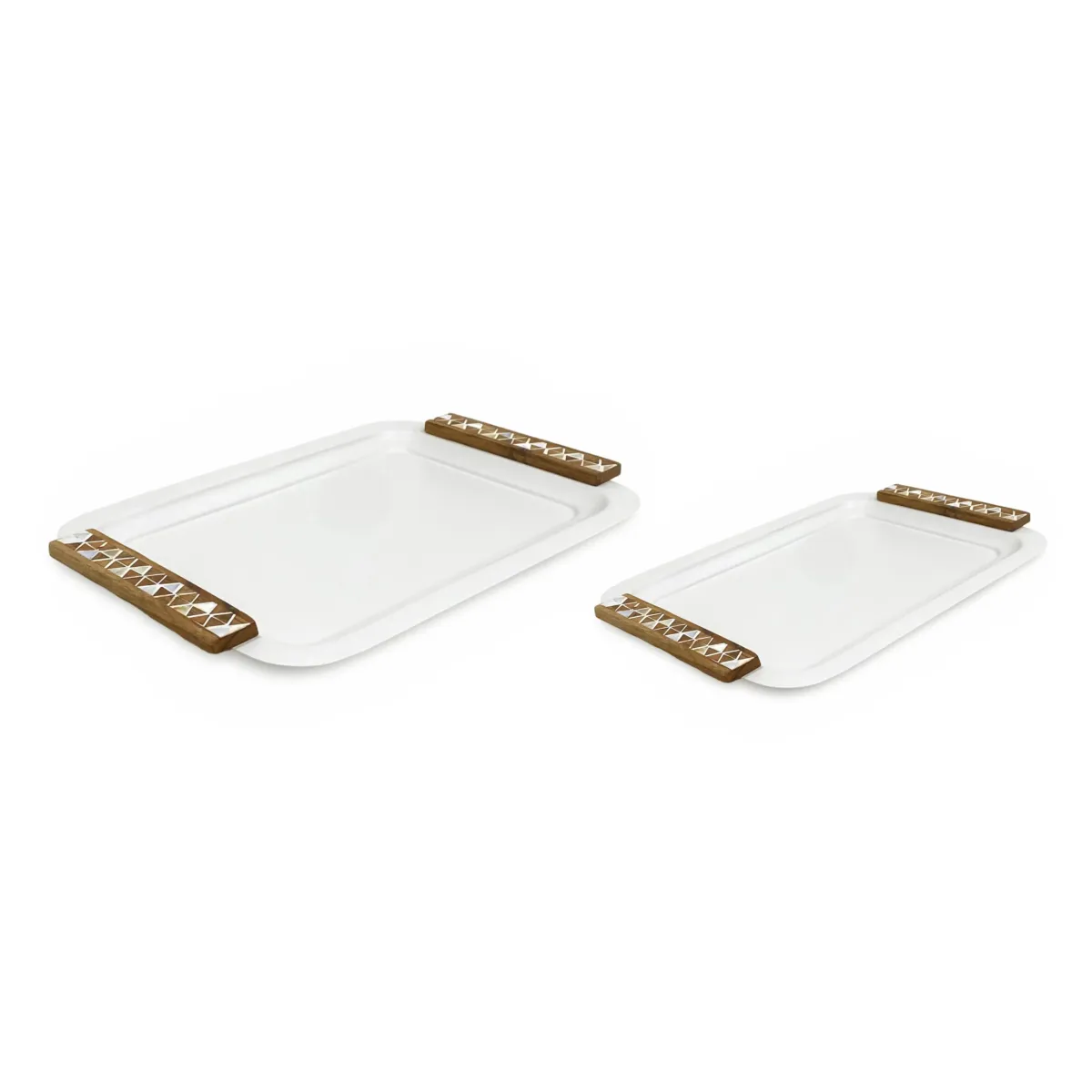 “White Rectangular Metal Tray with Diamond Design Wooden Handles – Elegant Ramadan Decoratives”