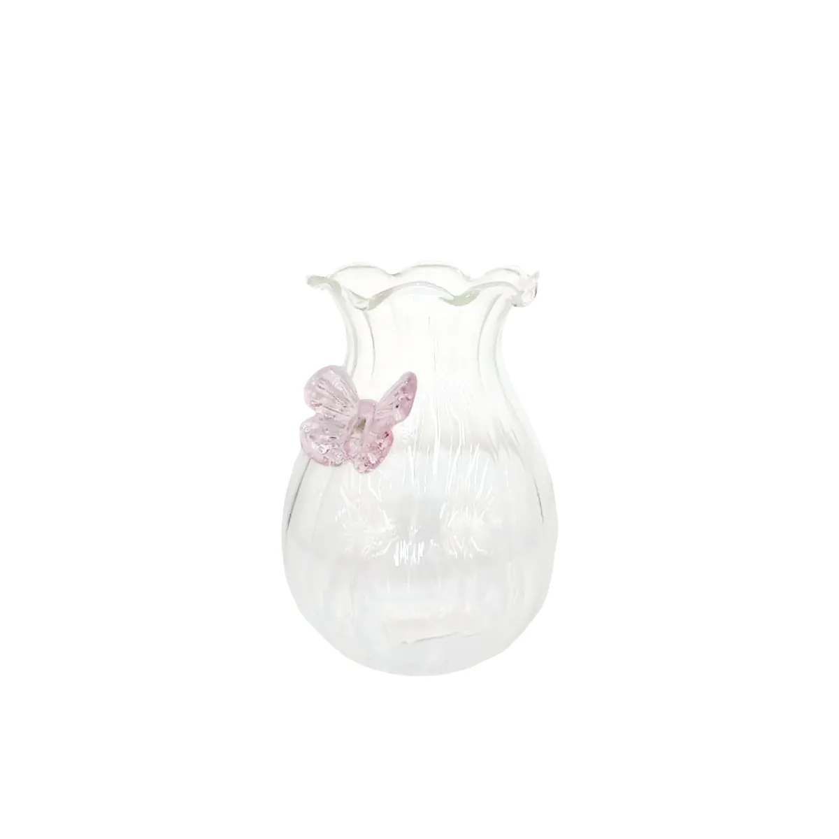 Pink Butterfly Wavy Rim Glass Vase – Elegant Decor
