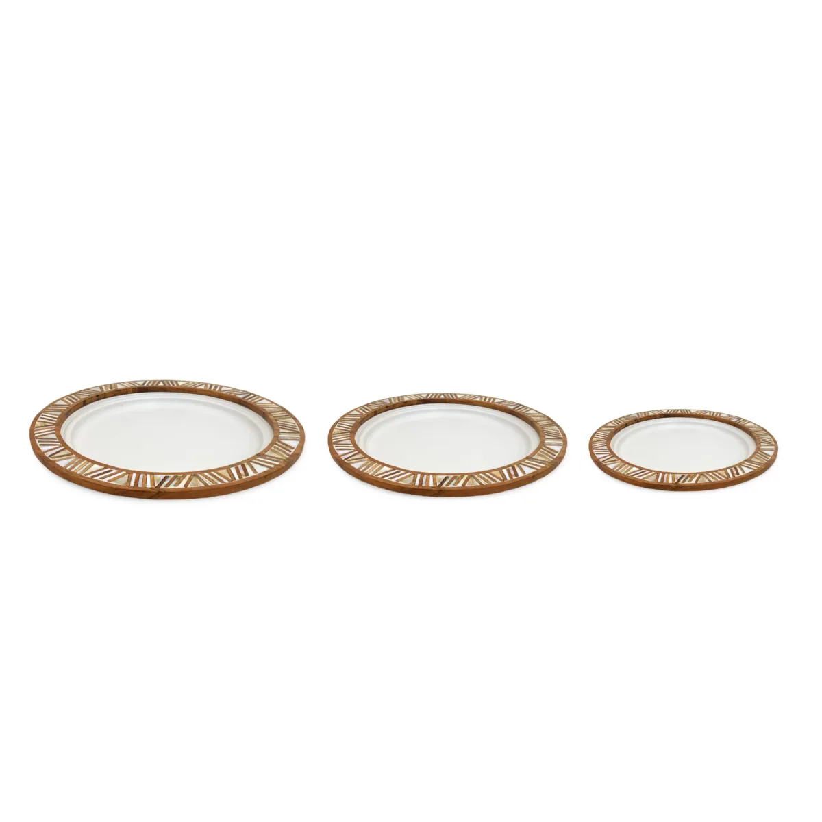 “White Round Metal Tray with Striped Wooden Handles – Elegant Ramadan Decorative Serving Piece”