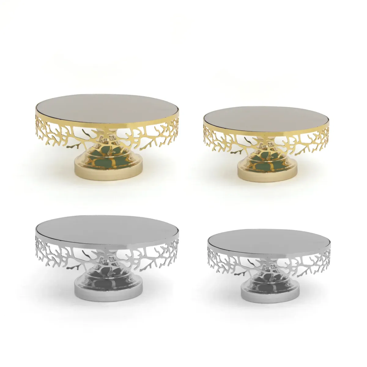 Round Mirror Base Branch Rim Design Metallic Footed Cake Stand