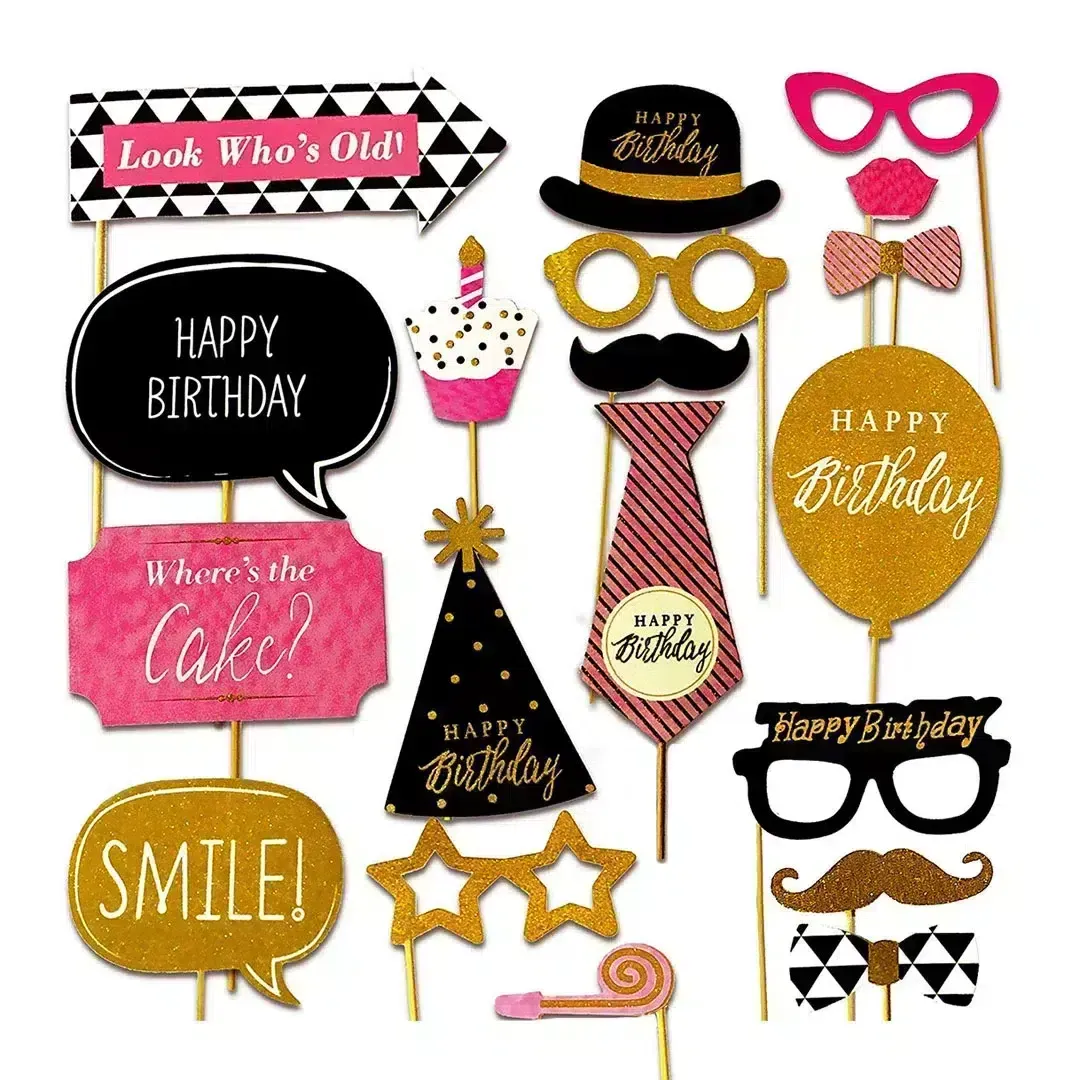 Black & Gold “Happy Birthday” Props On Sticks – Glamorous Photo Fun!