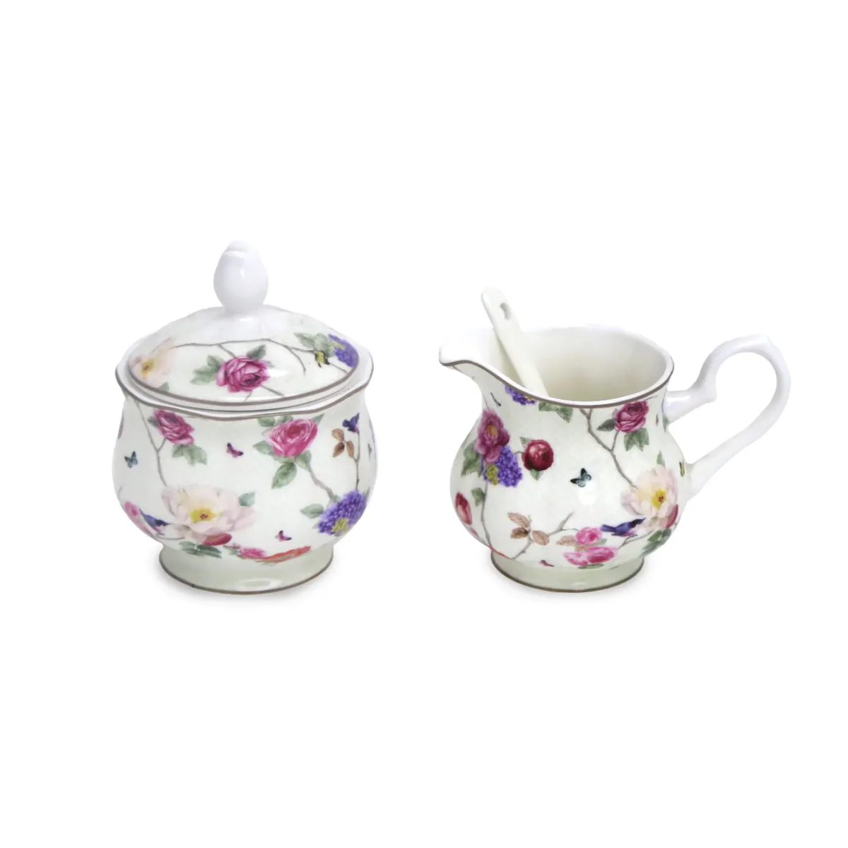 Flower Pattern Sugar Pot/Creamer & Spoon Set