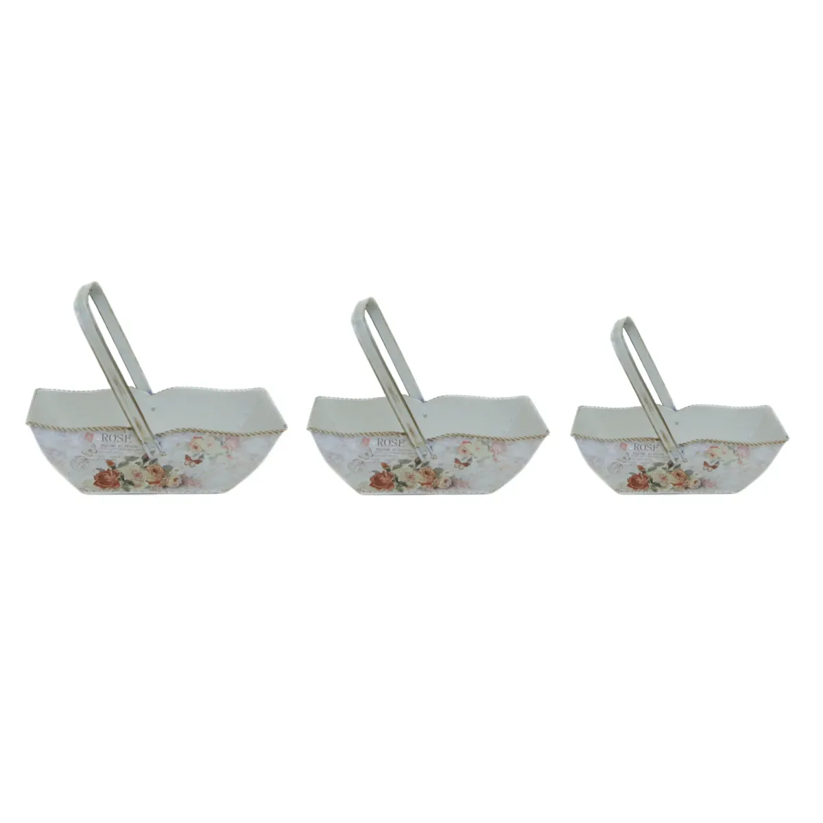 Rectangle White Rose Countryside Baskets With Upper Moving Handle Set