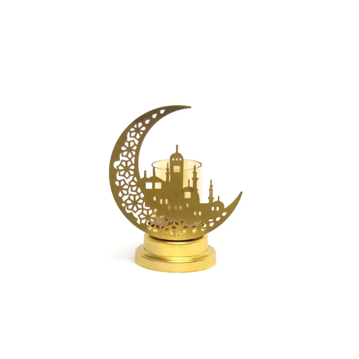 Gold Crescent with Mosque Candle Holder & LED Light Stand – Elegant Islamic Decorative Piece for Ramadan and Home Decor