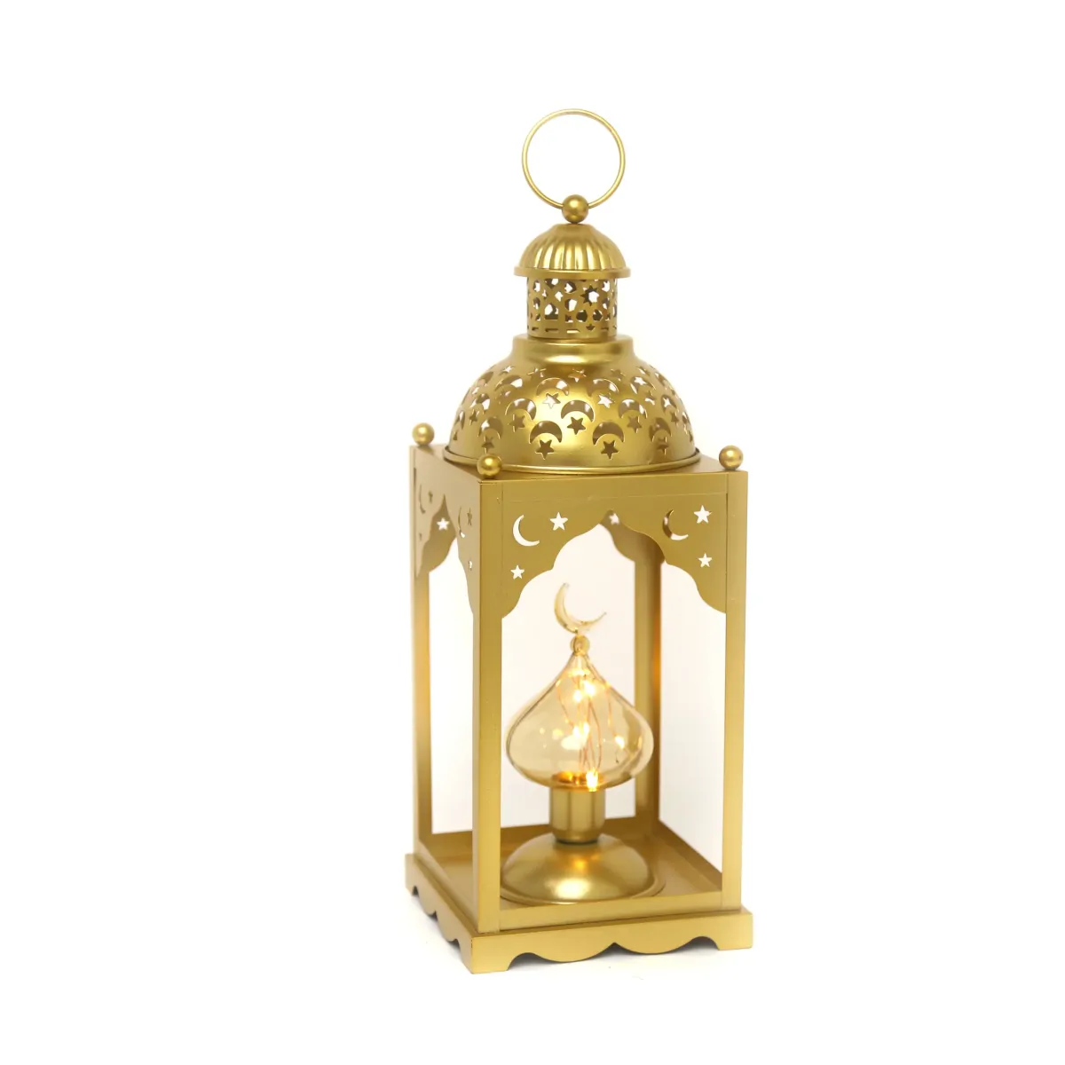 Gold Metal Arabesque Lantern with Square Base & LED Moon – Luxurious Ramadan Decoratives
