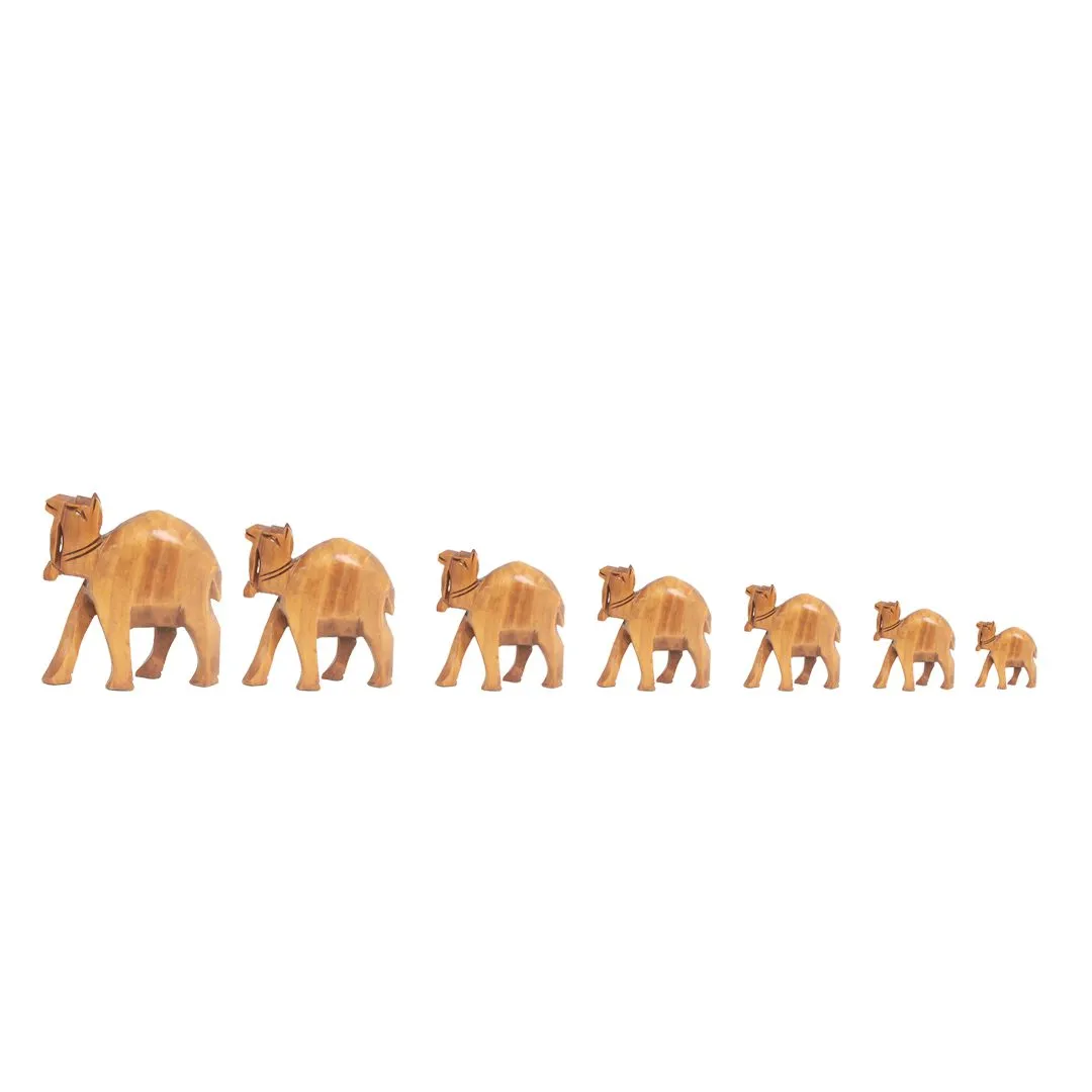 Natural Standing Flock of Plain Camels – Wooden Decoration Set of 7, Middle Eastern Cultural Art, Unique Home Accent