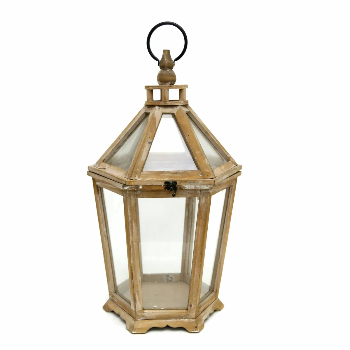 Ramadan Radiance: Hexagonal Wood and Glass Lantern with Metal Handle