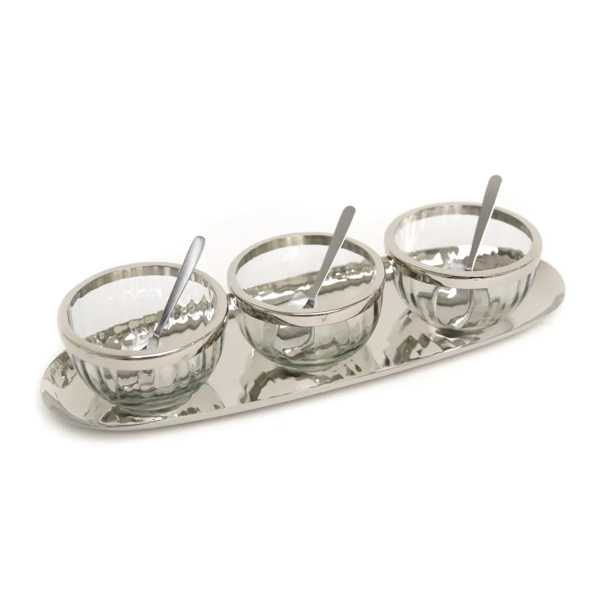 Three Bowls W/Spoons On Silver Tray