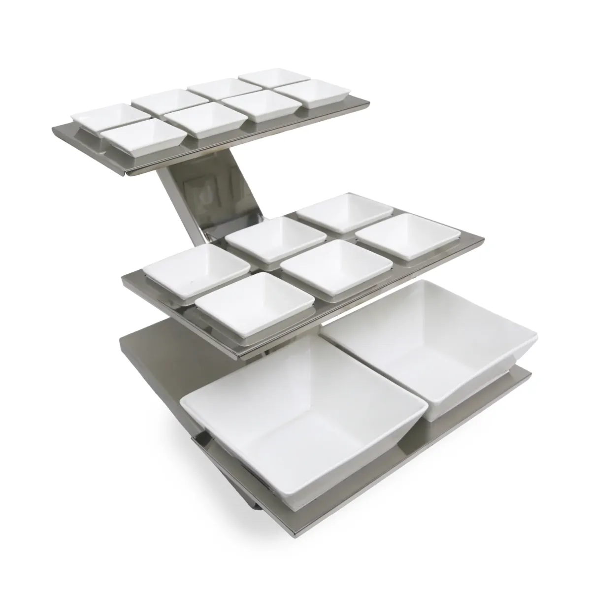 Three Tier Stainless Steel Serving Display Stand W/Sixteen Ceramic Plates