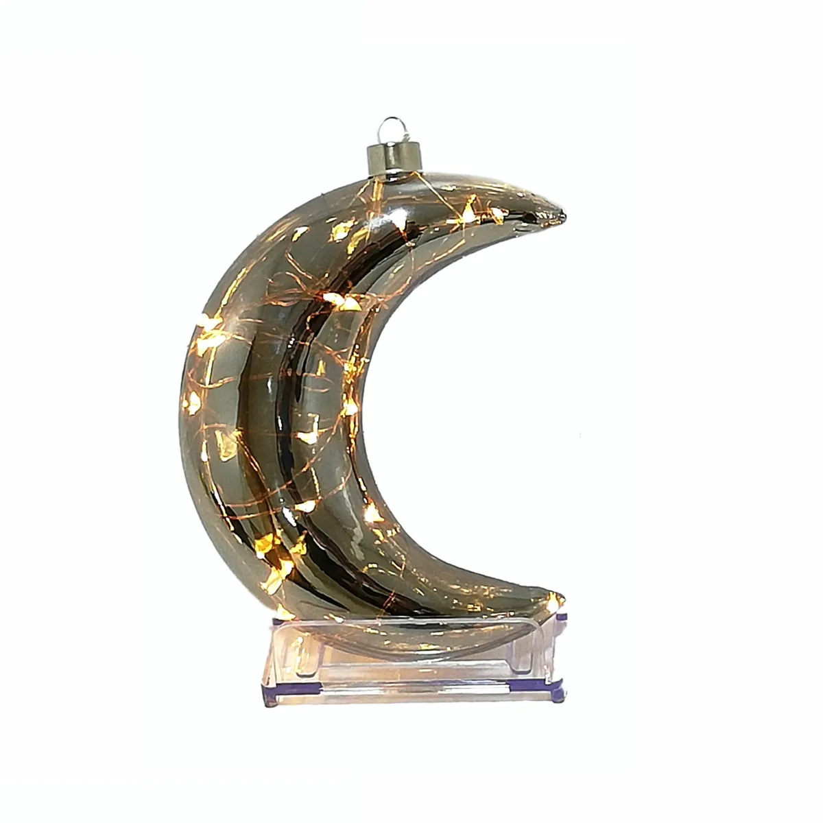Lunar Gleam: Battery LED Blown Glass Black Silver Crescent for Ramadan Nights