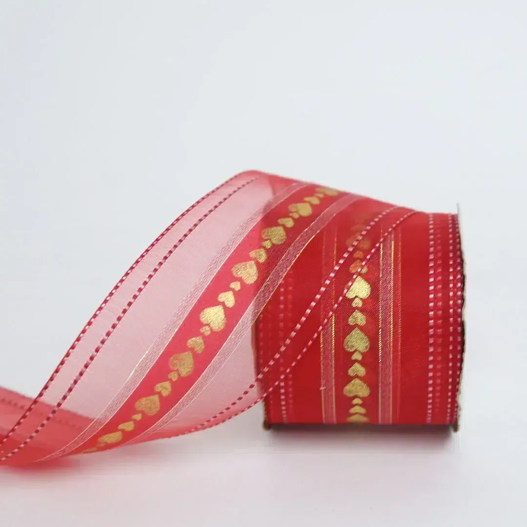Gold Hearts Red Organza Ribbon