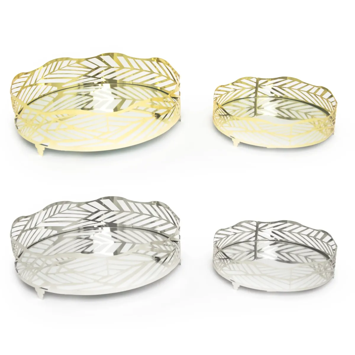 Lower Mirror Base Leaves Design Round Metal Tray