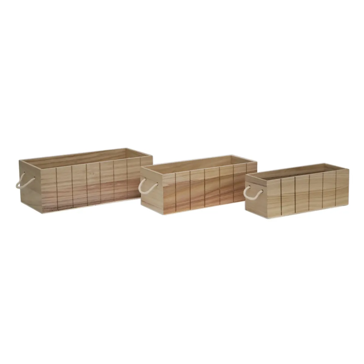 Rectangle Natural Wood Tray Vertical Lines Pattern With Rope Handles