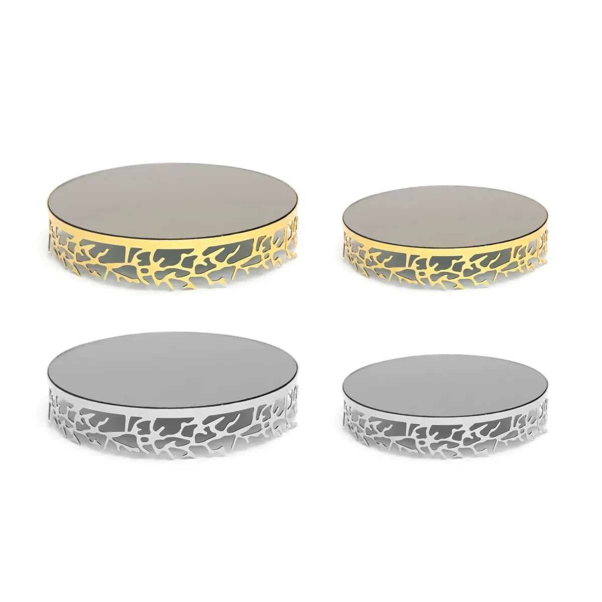 Round Mirror Base Branch Rim Design Metallic Tray Stand