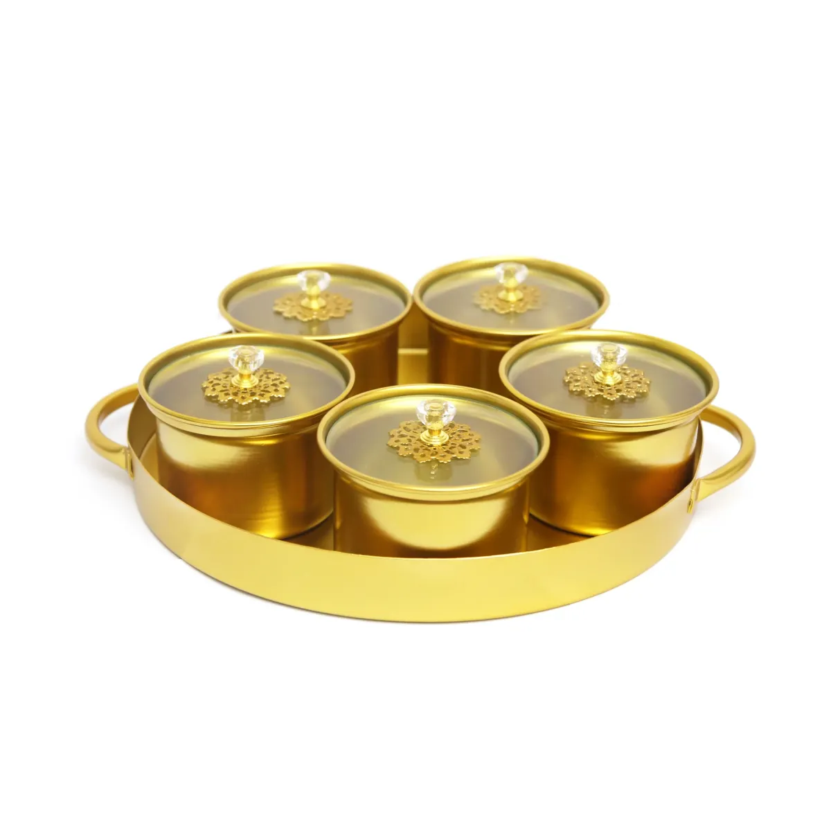 Round Gold Metal Tray W/Five Canisters