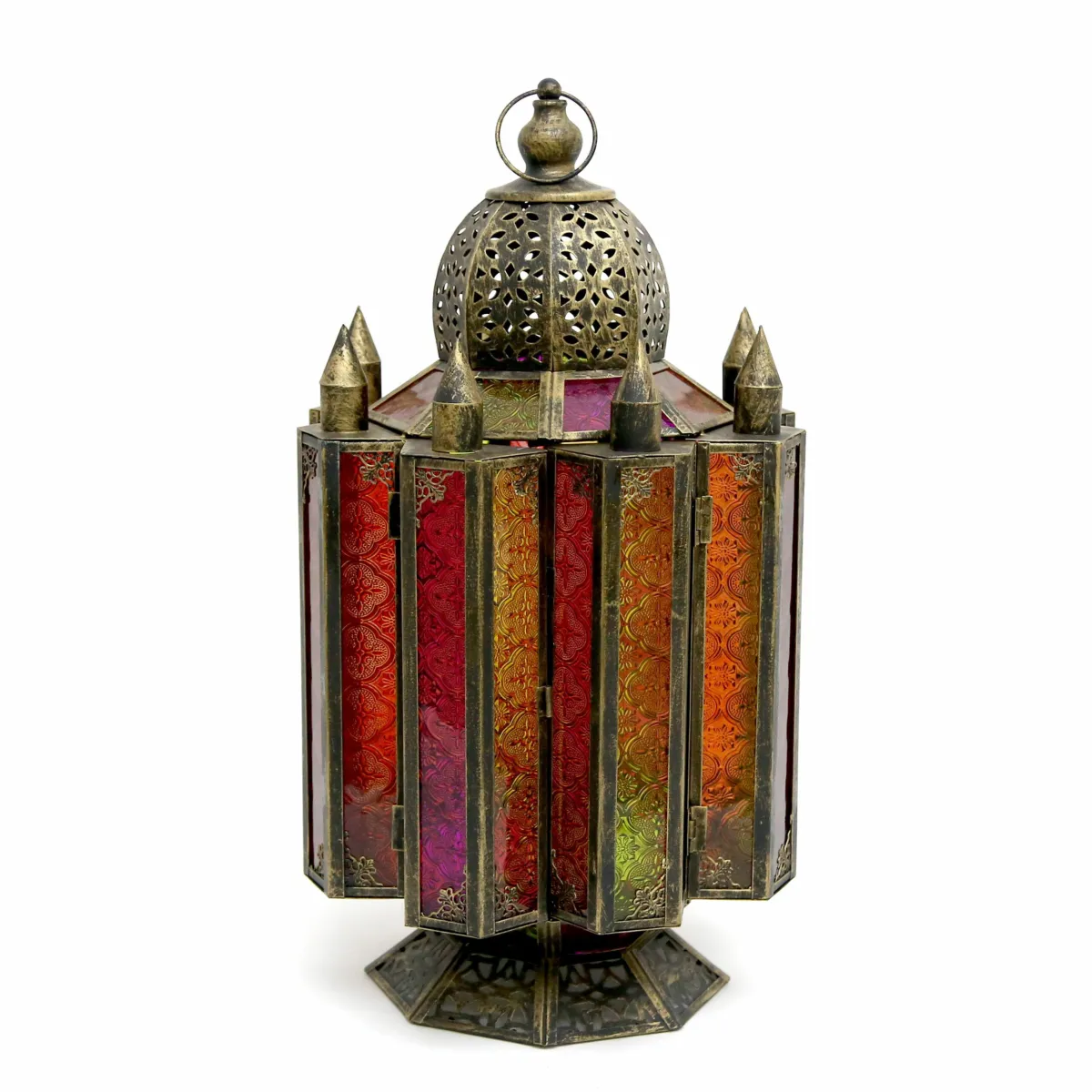 Mosaic Twilight: Colored Glass Anti-Gold 8 Angles Metal Lantern for Ramadan Decoratives