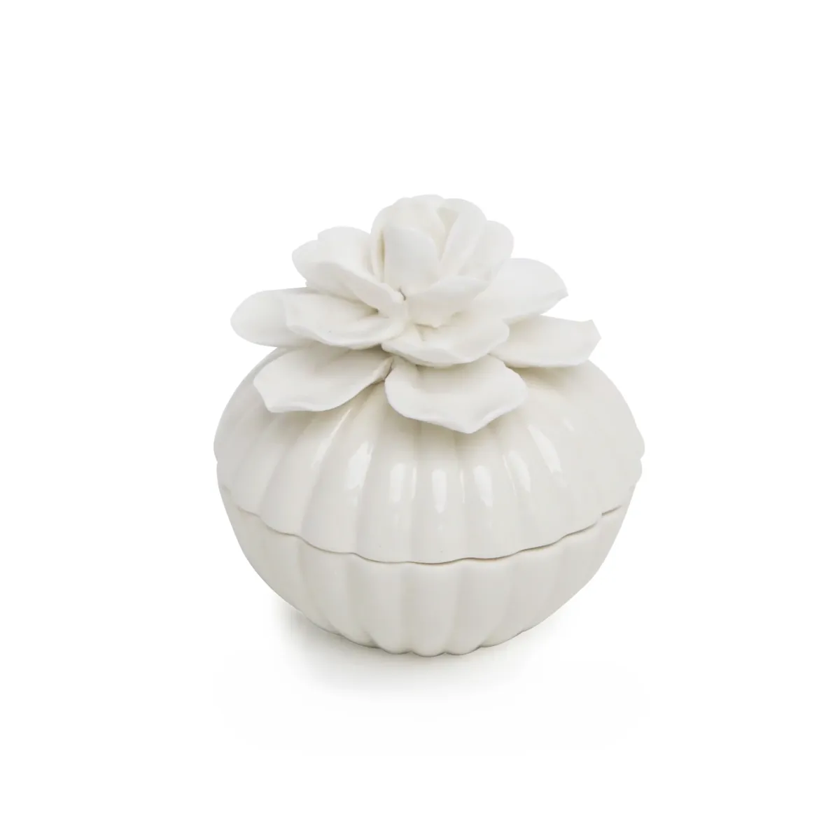 White Ribbed Pumpkin Box With White Flower