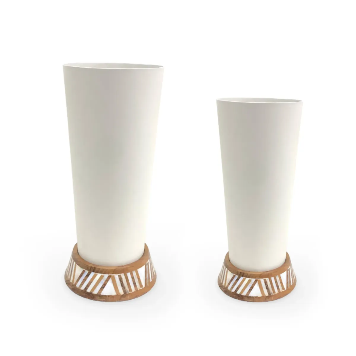 “Metal Flower Vase with Striped Wooden Base – Elegant Decorative for Ramadan”