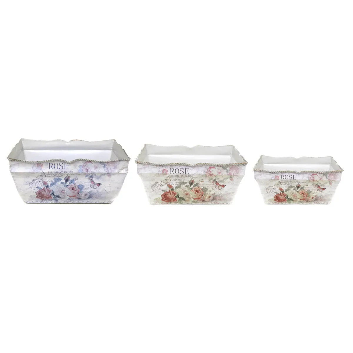White Rectangle Rose Country Side Plant Pot With Ring Handles Set