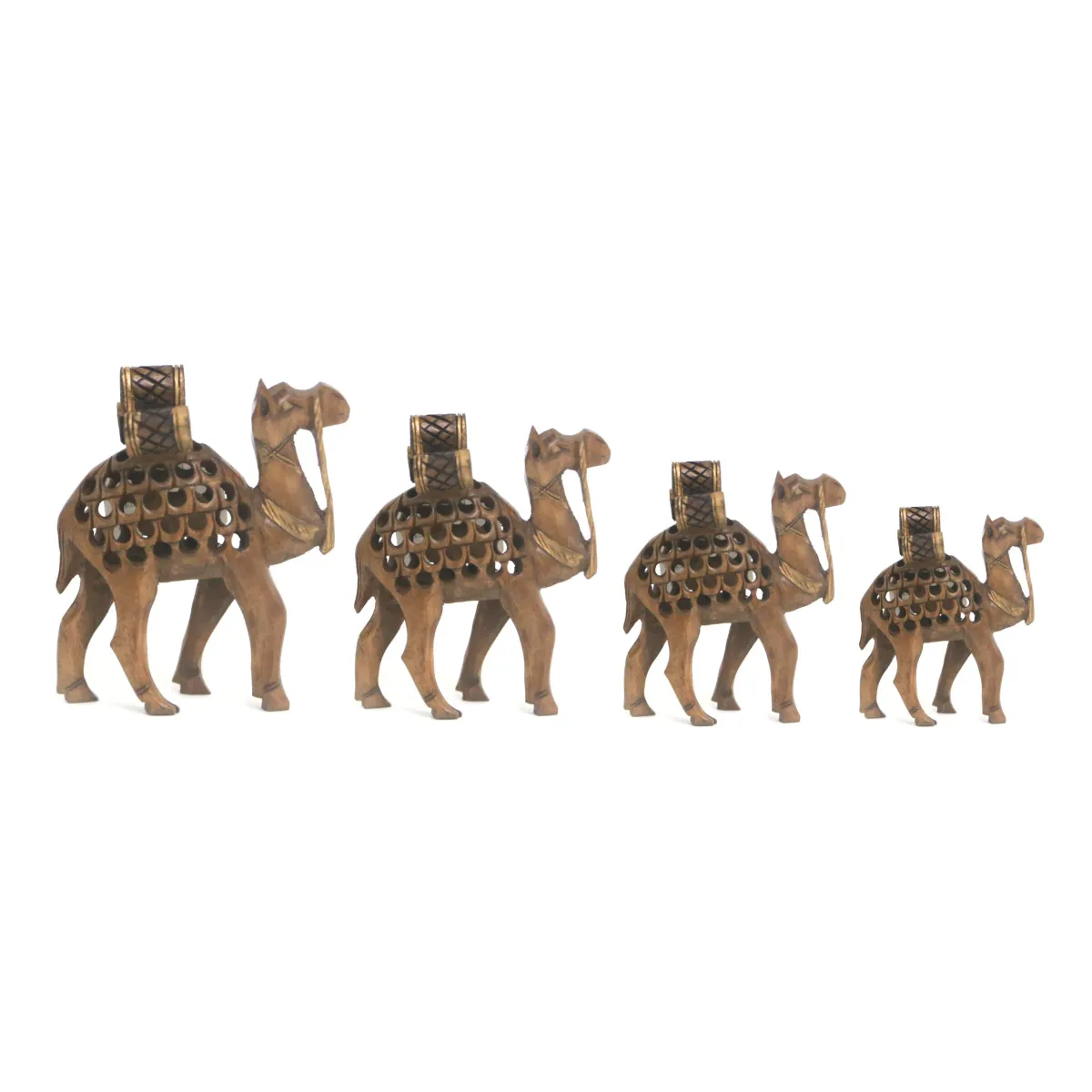 Natural Standing Flock of Camels Wooden Decoration with Loaded Oxod – Handcrafted Cultural Home Decor