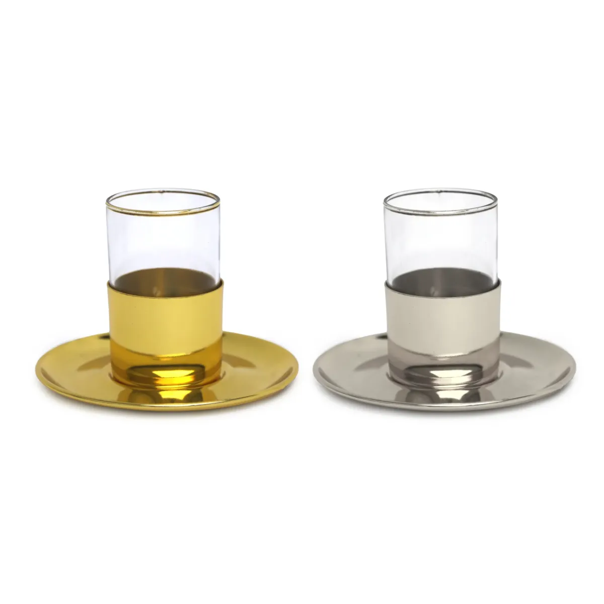 Clear Glass Tea Cup with Metal Holder & Saucer