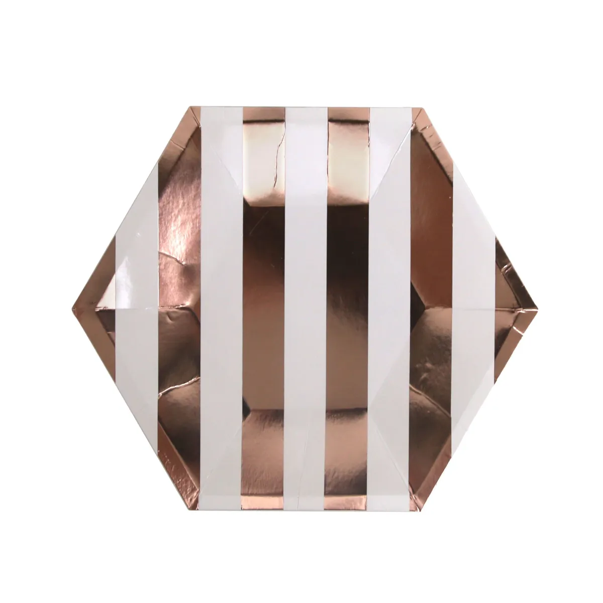 White, Gold & Rose Striped Hexagon Plate – Elegant Party Tableware
