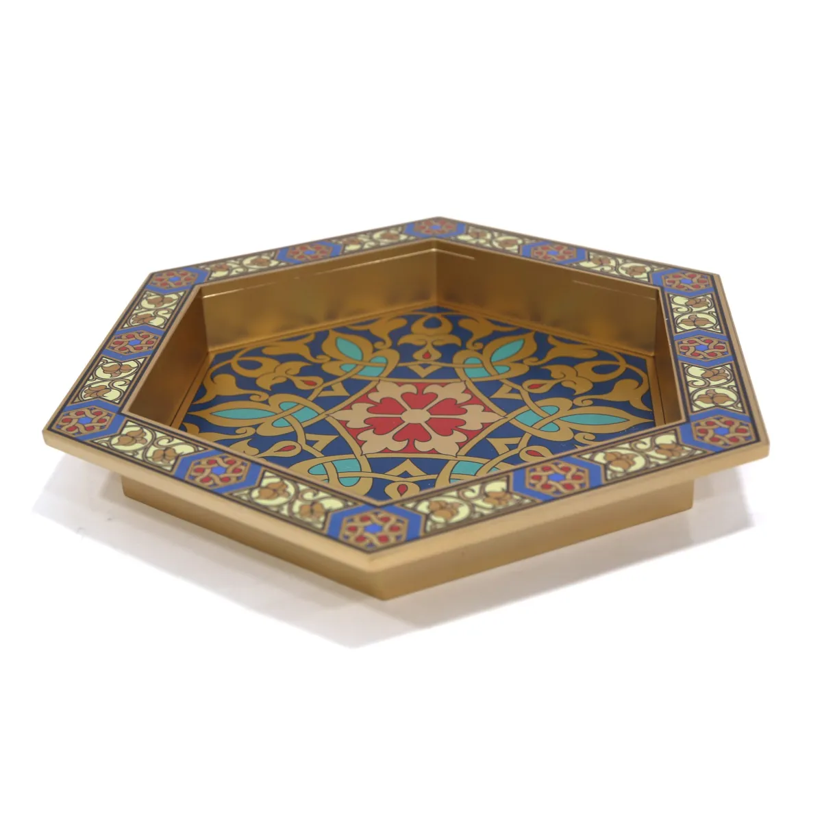 Gold with Islamic Pattern Hexagon Wooden Tray – Elegant Serving Tray for Ramadan and Home Decor
