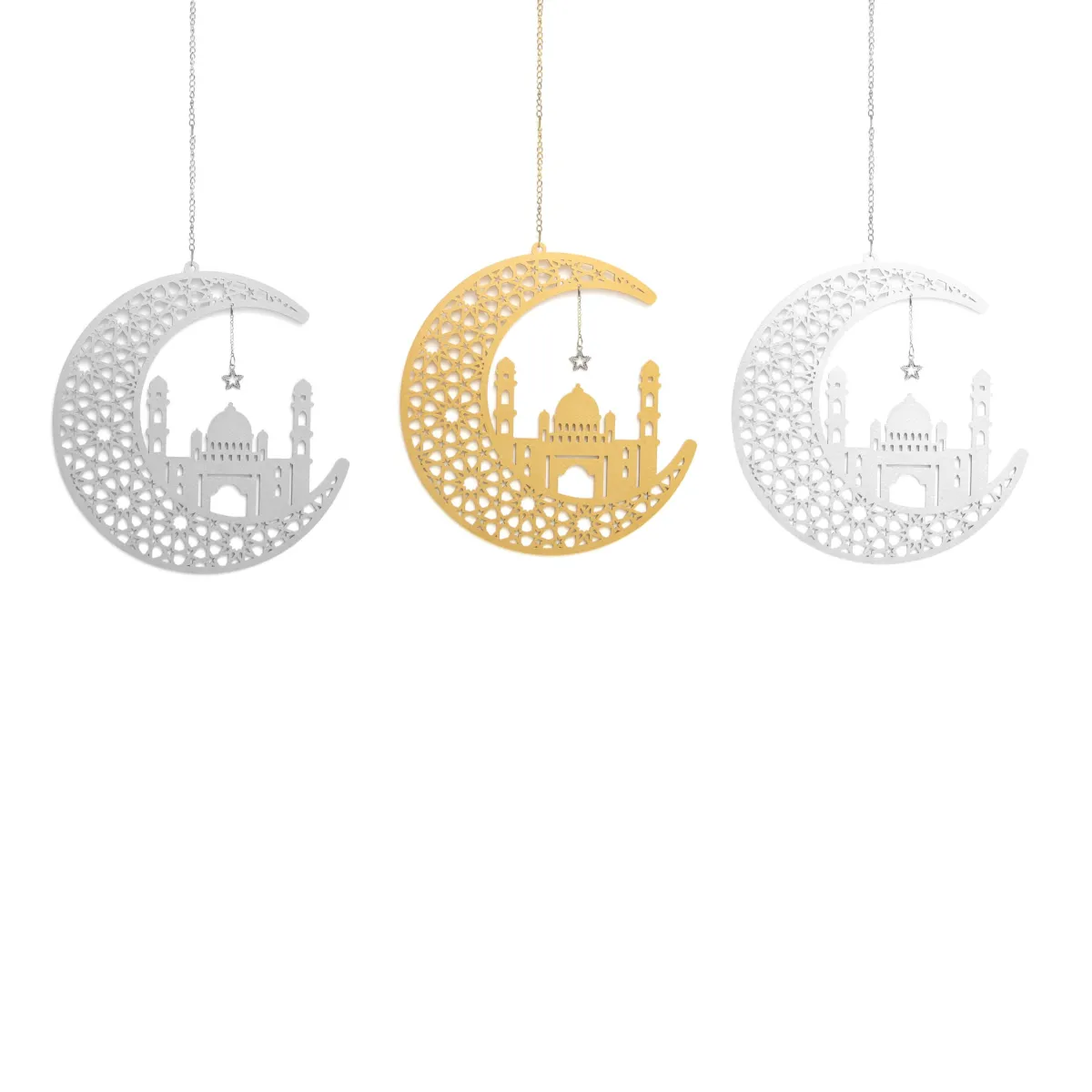 Celestial Ramadan Decor: Mosque Wood Chain Hang Crescent in Silver and Gold